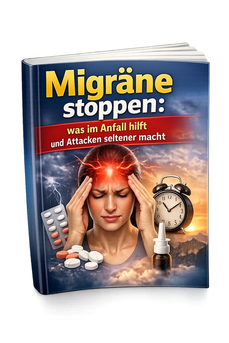E-Book-Cover Migräne stoppen mit Frau und Schmerzdarstellung