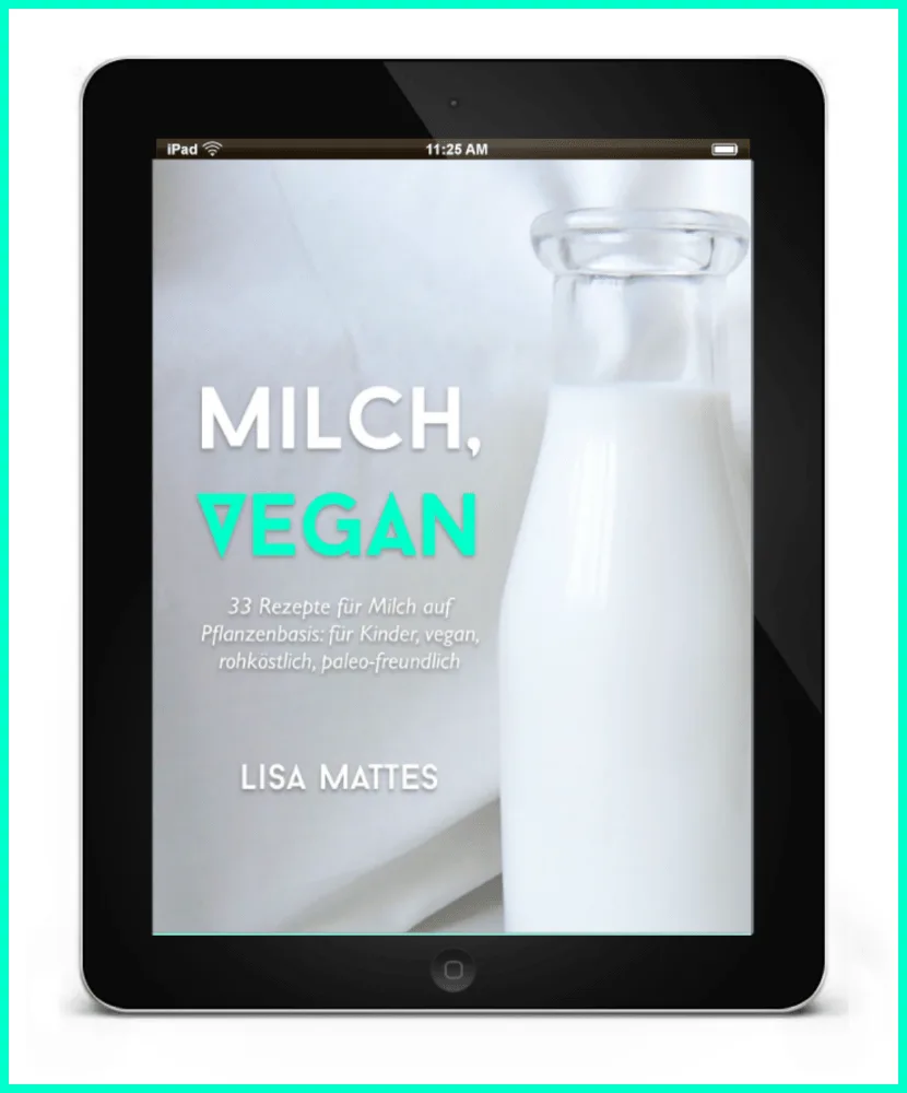 E-Book-Cover Milch, vegan auf iPad-Mockup mit Glas pflanzlicher Milch