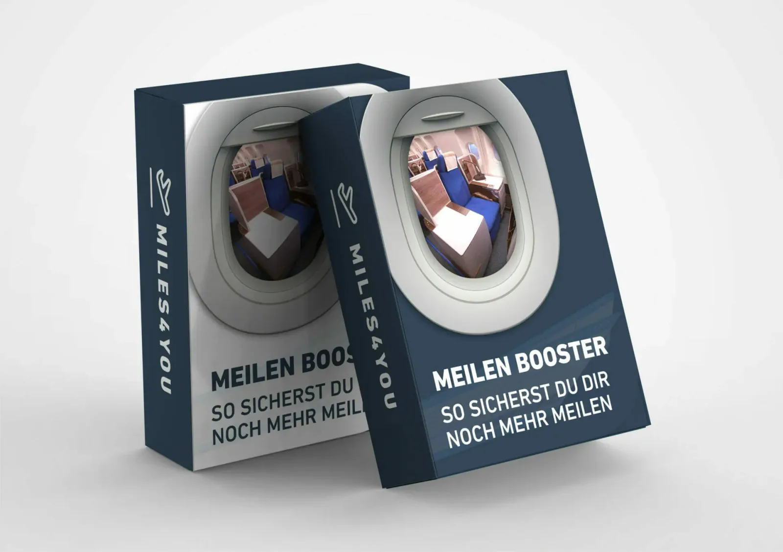 Produktmockup: Zwei aufgestellte Boxen des Meilen-Booster-Kurses mit dunkelblauen Seitenflächen, Fensteransichten von Busines