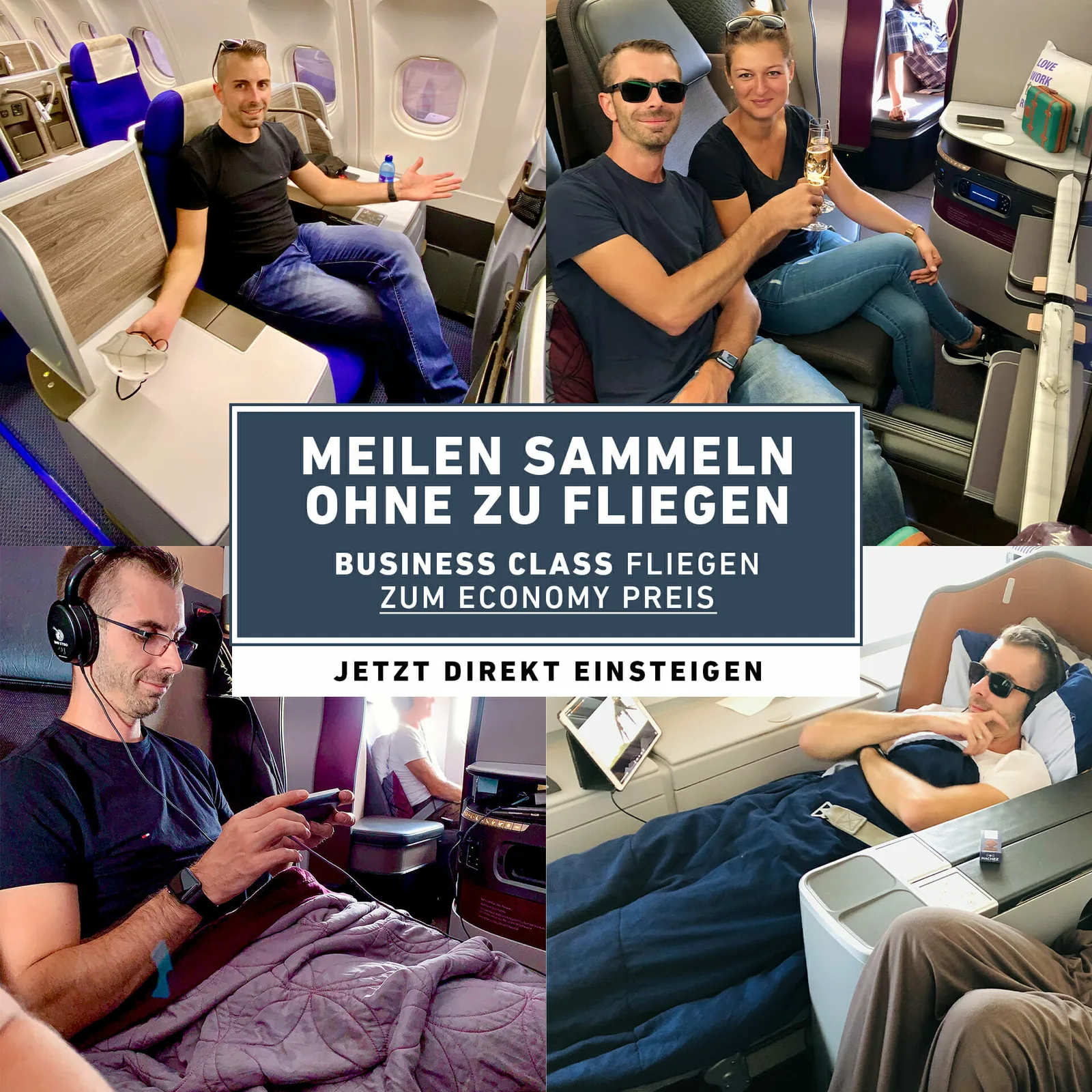 Collage aus vier Fotos von Menschen in Business-Class-Flugzeugen, zentrierter Text mit blauem Hintergrund über Menschengruppe