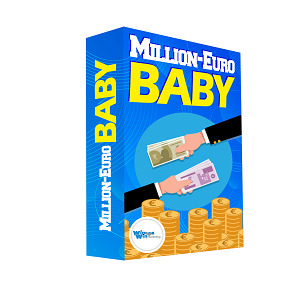 Million Euro Baby Videokurs Box-Cover mit blauem Hintergrund, gelben Buchstaben und Geldschein-Motiv