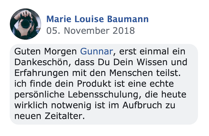 Kundenstimme von Marie Louise Baumann mit Porträtfoto, datiert 05. November 2018