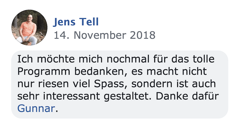 Kundenstimme von Jens Tell über Gunnars Programm und Spaß