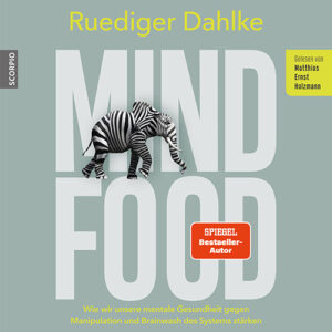 Mind Food Hörbuch-Cover von Ruediger Dahlke mit Zebra-Illustration, gelber Überschrift und Sprecher-Credit