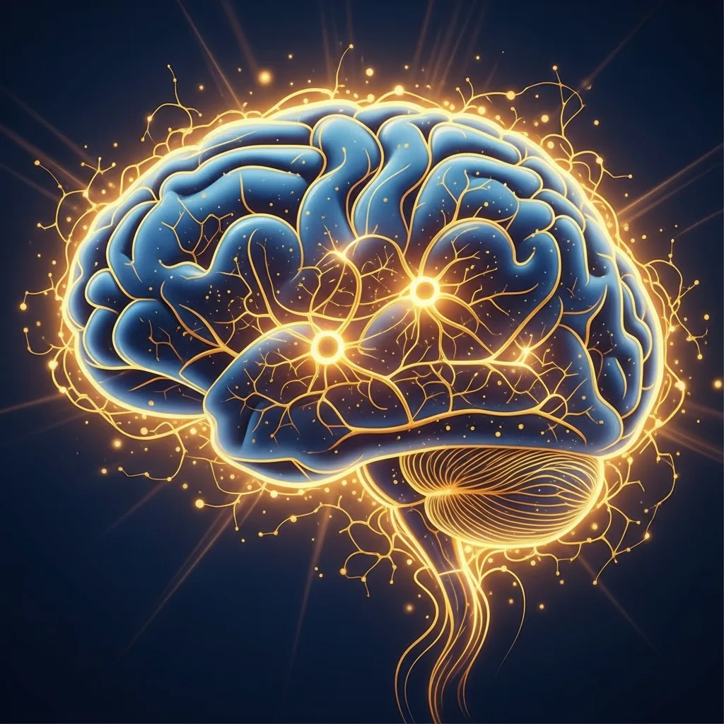 Leuchtendes blaues Gehirn mit gelben Neuronenverbindungen und Energieeffekten vor dunklem Hintergrund
