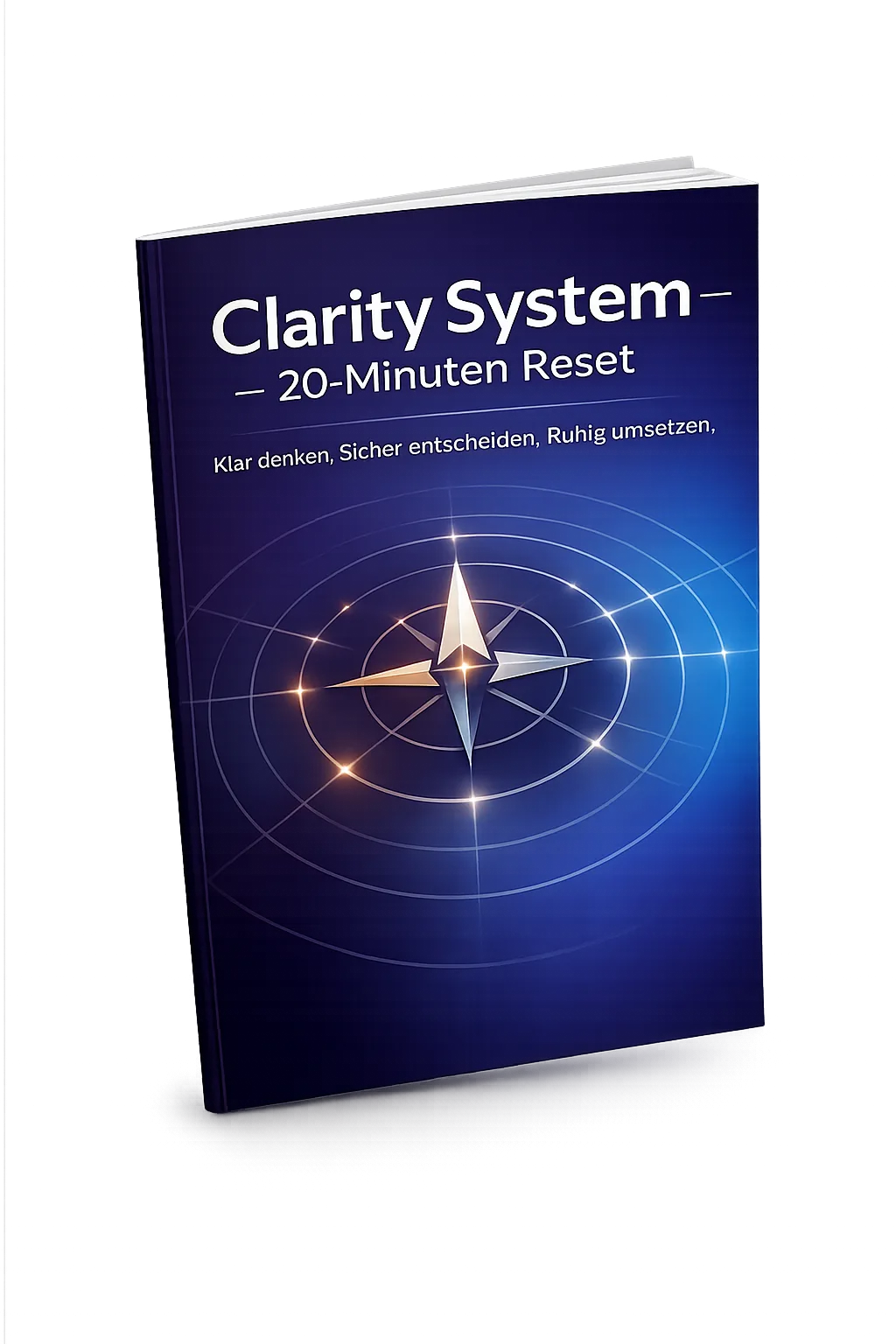 E-Book Cover Clarity System – 20-Minuten Reset mit Kompass-Grafik auf dunkelblauem Hintergrund