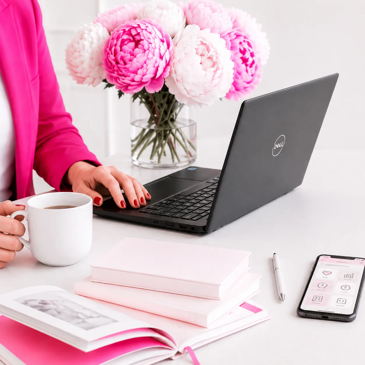 Schreibtisch mit pinkem Blazer, Laptop, Buch, Smartphone und Peonien
