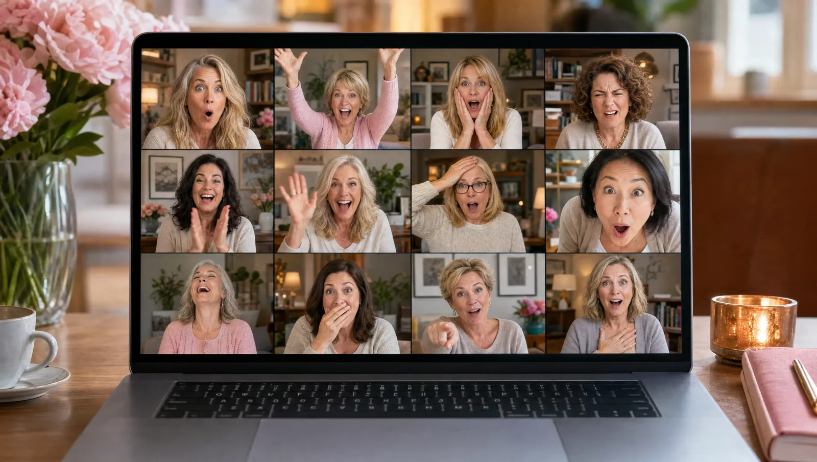 16 Frauen verschiedener Ethnien auf Laptop-Bildschirm, fröhliche Videokonferenz