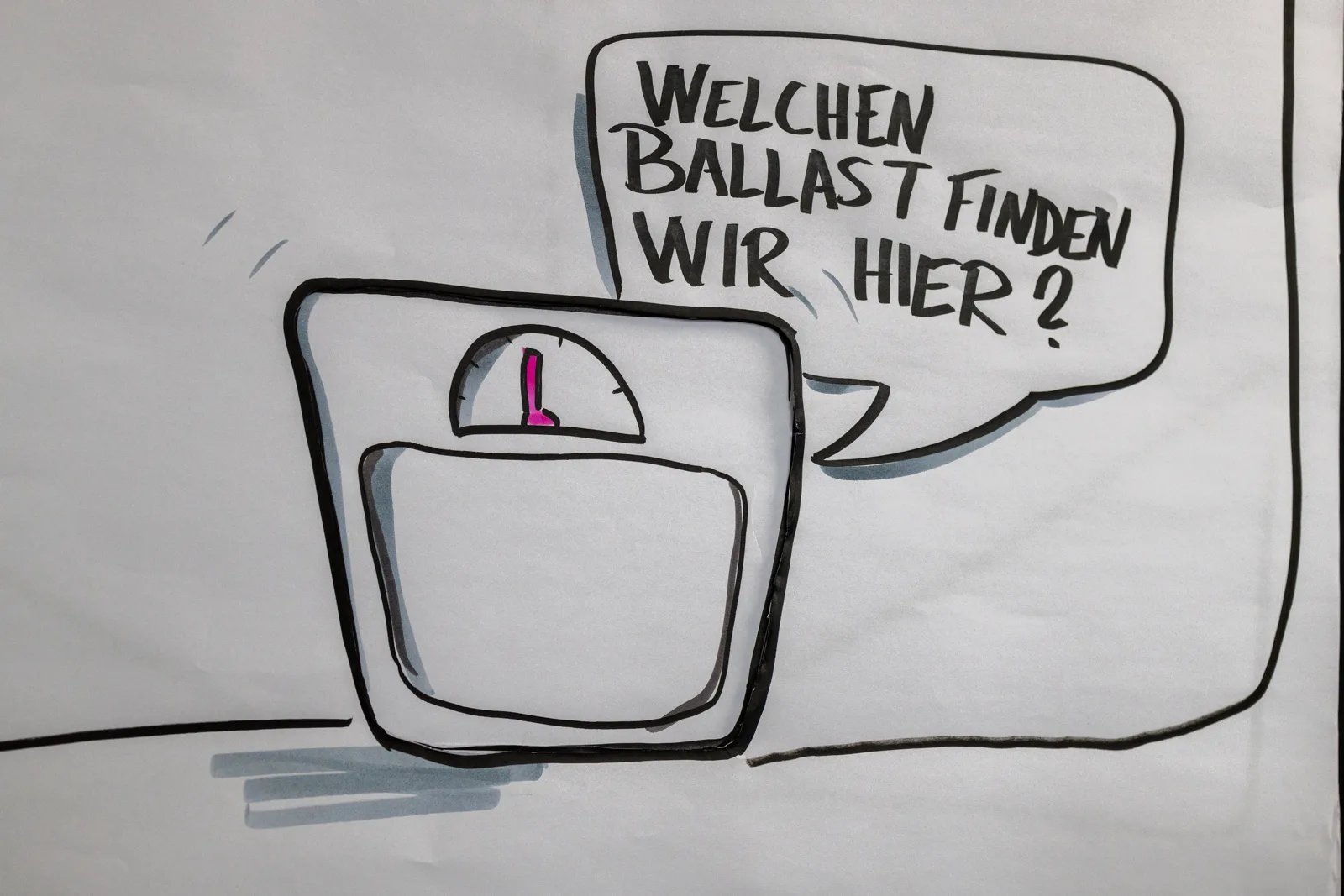 Hand zeichnet Flipchart mit Sprechblase: Welchen Ball lässt du hier?