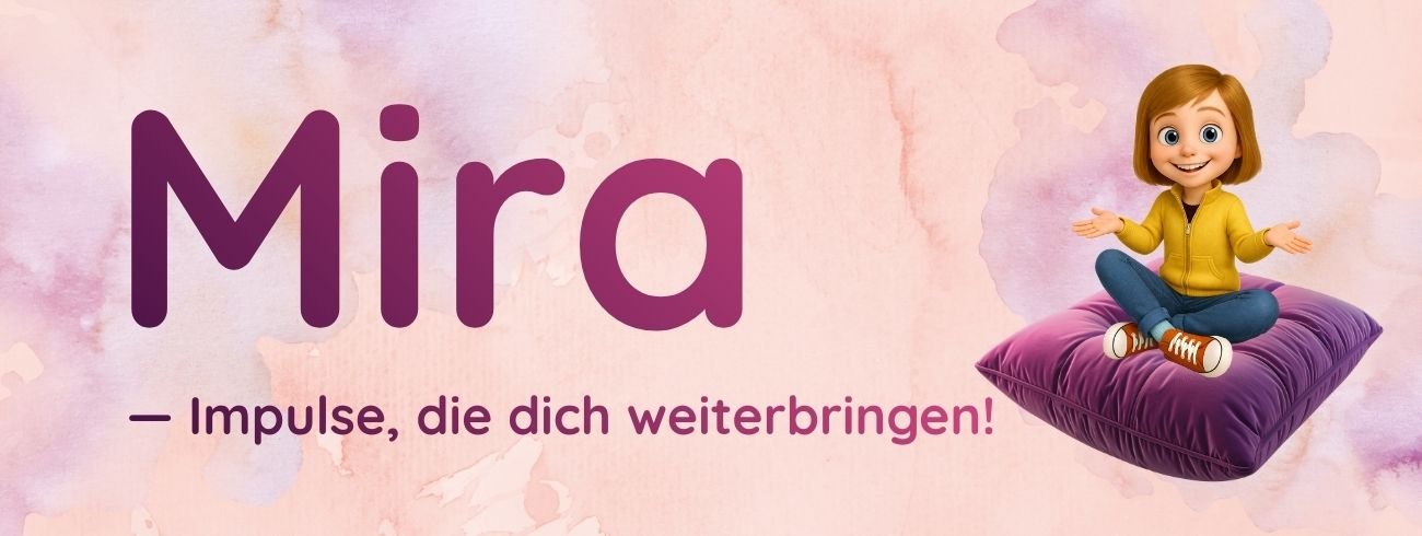 Mira Chatbot sitzt auf Kissen in gelbem Hoodie, Claim Impulse die dich weiterbringen
