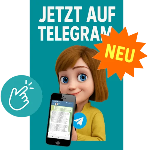 Mira hält Smartphone mit Telegram-Logo, NEU-Stern, Text Jetzt auf Telegram