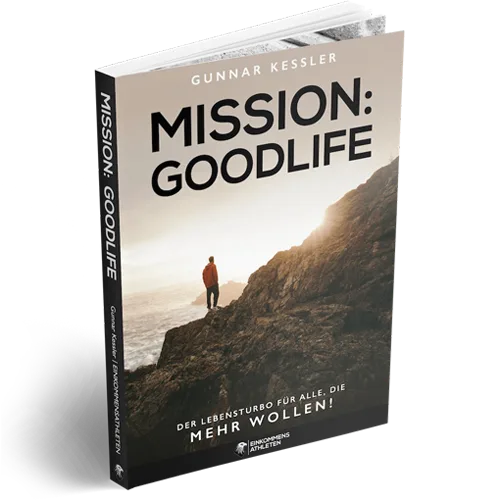Mission: Goodlife Buch 3D-Mockup Einzelcover mit geöffneten Seiten