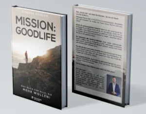 Mission: Goodlife Buch offene Seiten Mockup mit Cover und Innenseiten Ansicht