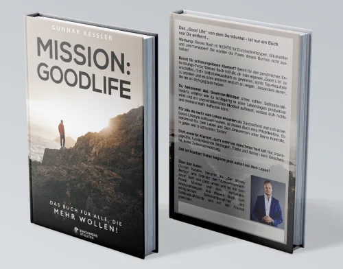 Mission: Goodlife Buch offene Seiten Mockup mit Cover und Innenseiten Ansicht