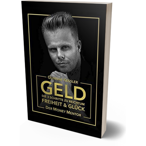 GELD Das Buch Buch-Cover von Gunnar Kessler mit Porträt und goldenen Elementen