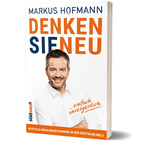 Denken Sie neu von Markus Hofmann Buch-Cover mit Porträt und orangenem Text