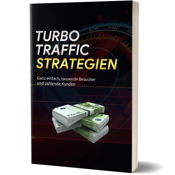 Turbo Traffic Strategien Buch-Cover mit Geschwindigkeitsmesser und Geldstapel