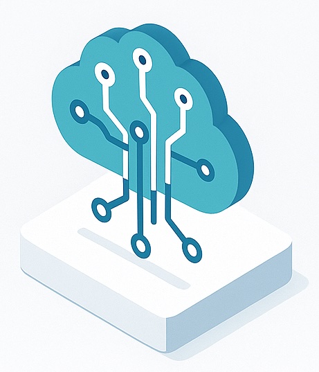 Isometrische Illustration eines AI Systems mit Cloud und Schaltkreis-Verbindungen auf weißer Plattform