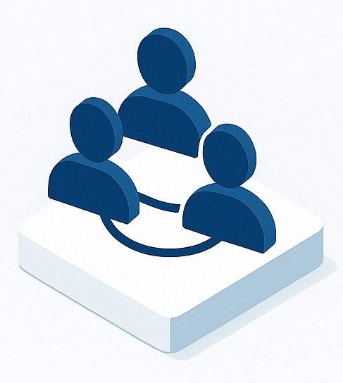 Isometrische Illustration eines Partner Networks mit drei verbundenen Personen auf weißer Plattform