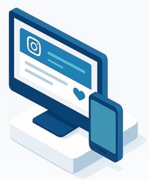 Isometrische Illustration digitaler Produkte mit Desktop und Mobilgerät auf weißer Plattform