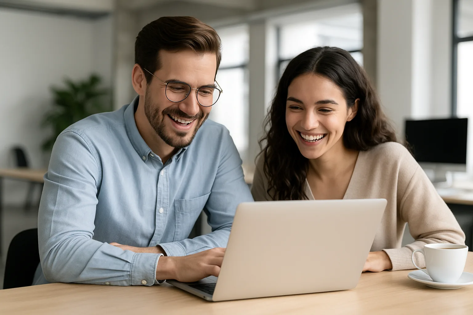 Zwei Personen arbeiten gemeinsam an einem Laptop in modernem Büro mit Fenster und Pflanzen