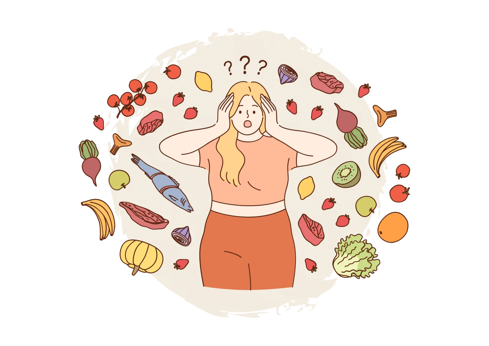 Illustration verwirte Frau umgeben von Obst und Gemüse mit Fragezeichen