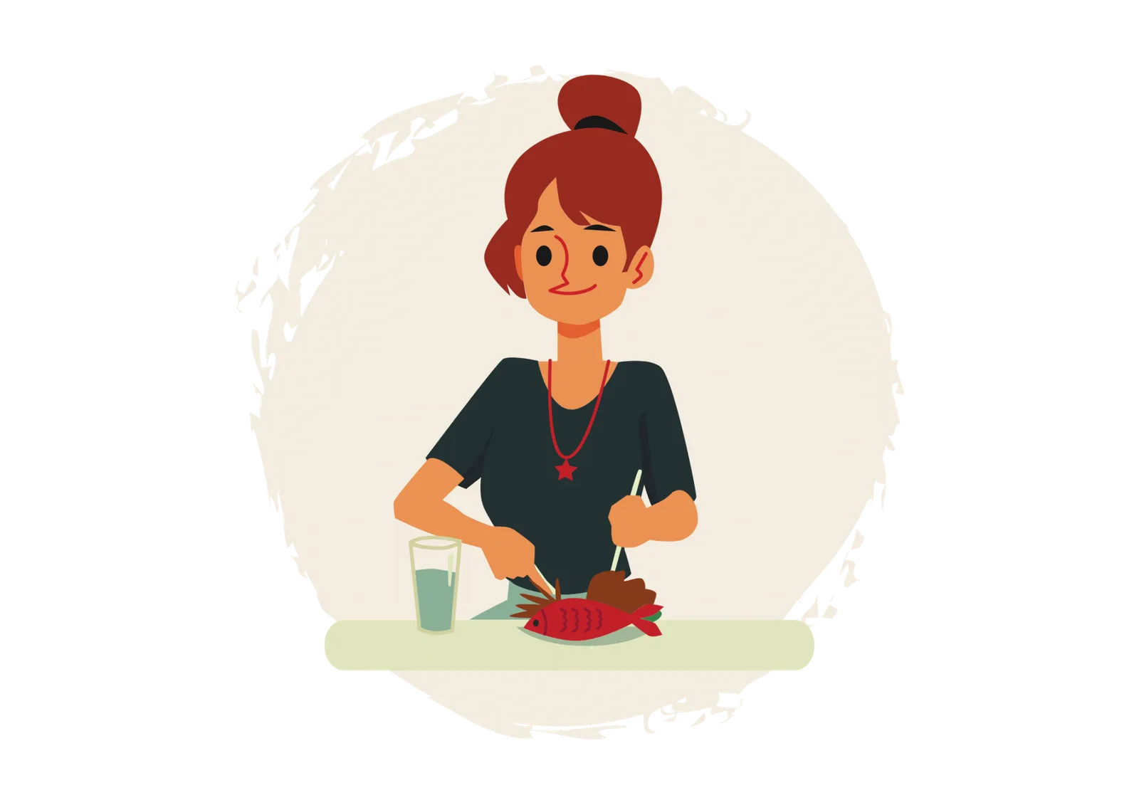 Illustration Frau mit roten Haaren bereitet Fisch zu, thumbs up Geste