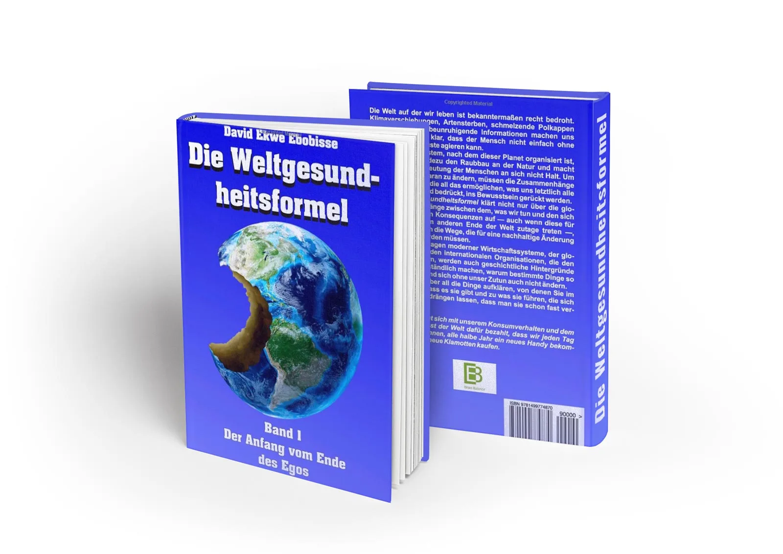 Mockup von Buch Band 1 'Die Weltgesundheitsformel' in Blau mit Erdkugel auf Buchcover