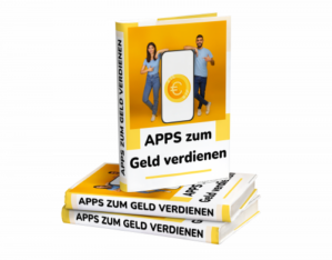 E-Book-Mockup "Apps zum Geld verdienen" mit zwei Personen, Smartphone, Euro-Symbol, Buchstapel, gelbes Design