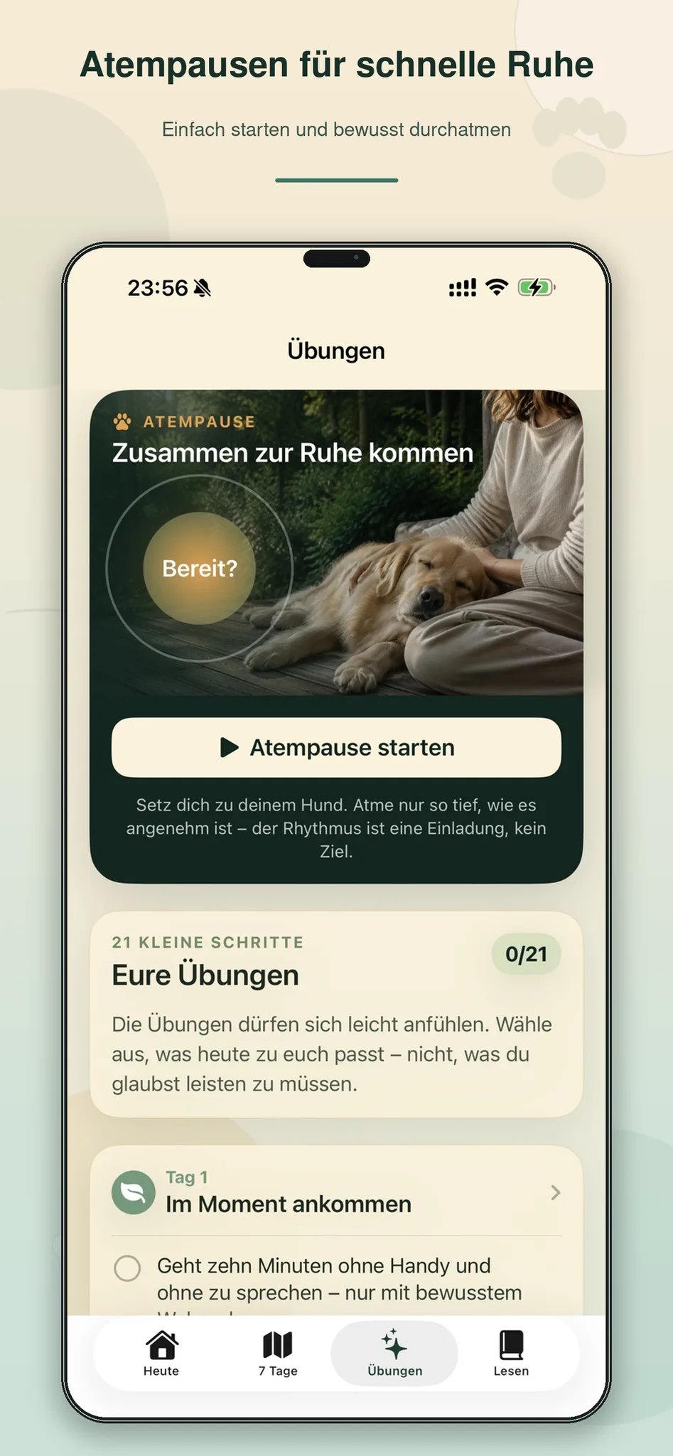 App-Screenshot Atempaused-Übung mit Button zum Starten und Übungsübersicht