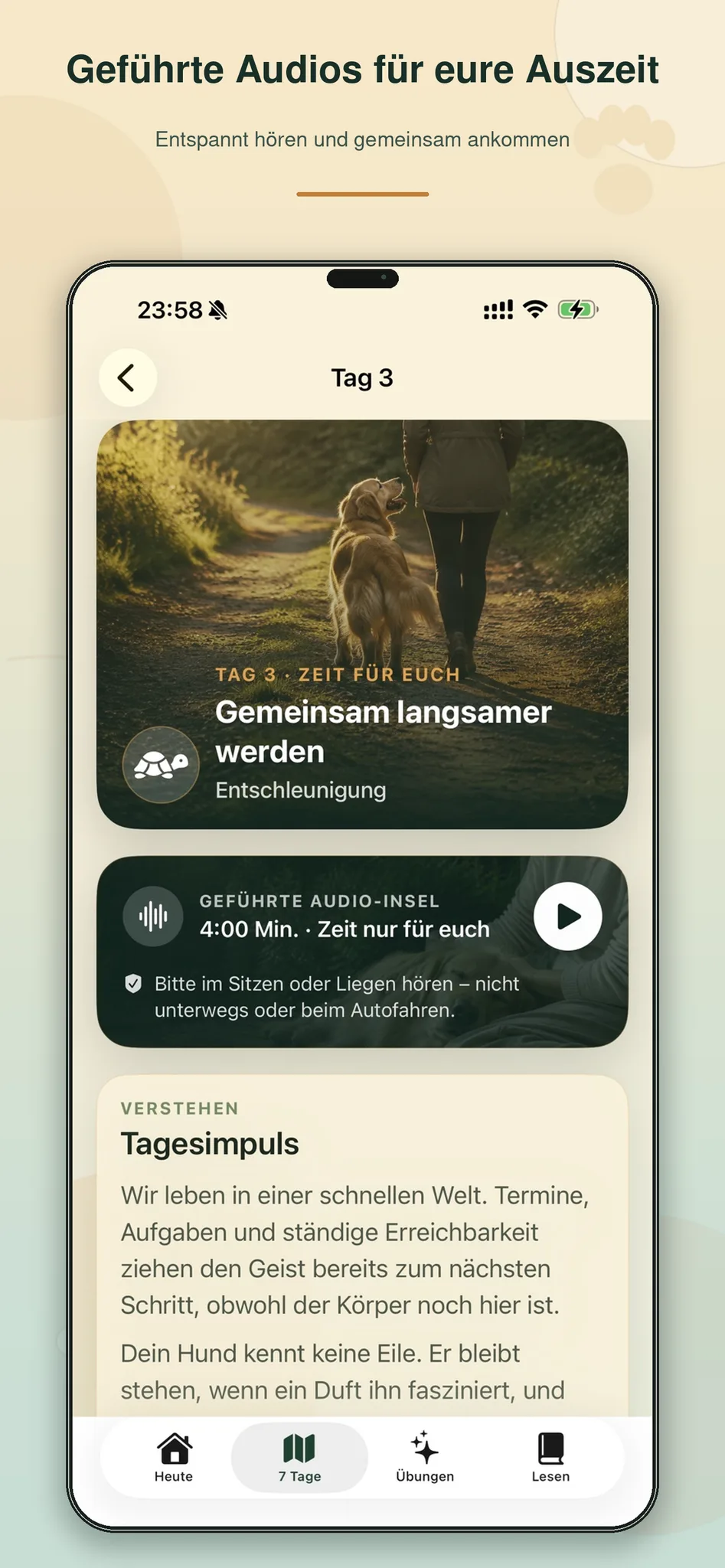 App-Screenshot Tag 3 mit geführter Audio-Lektion zum Thema Entschleunigung