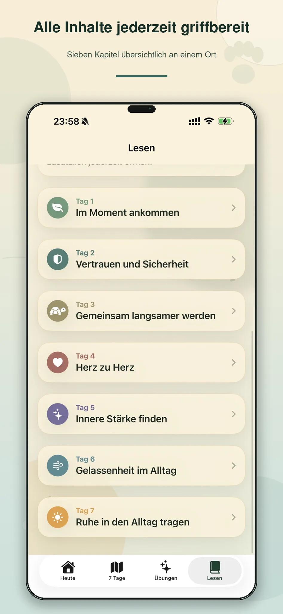 App-Screenshot Lesen-Sektion mit allen sieben Kapitel-Links zur Auswahl