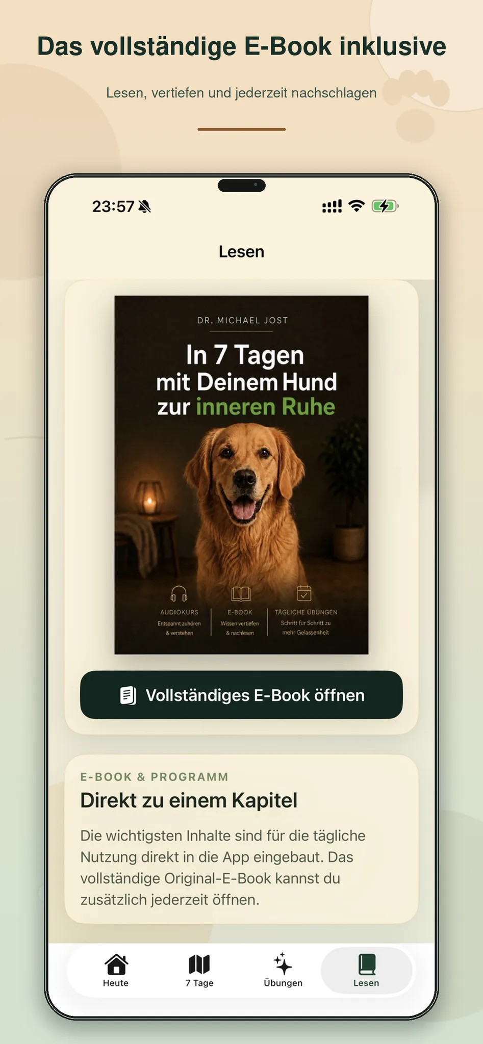 App-Screenshot E-Book-Deckblatt mit goldenem Labrador und Programmbonus-Icons