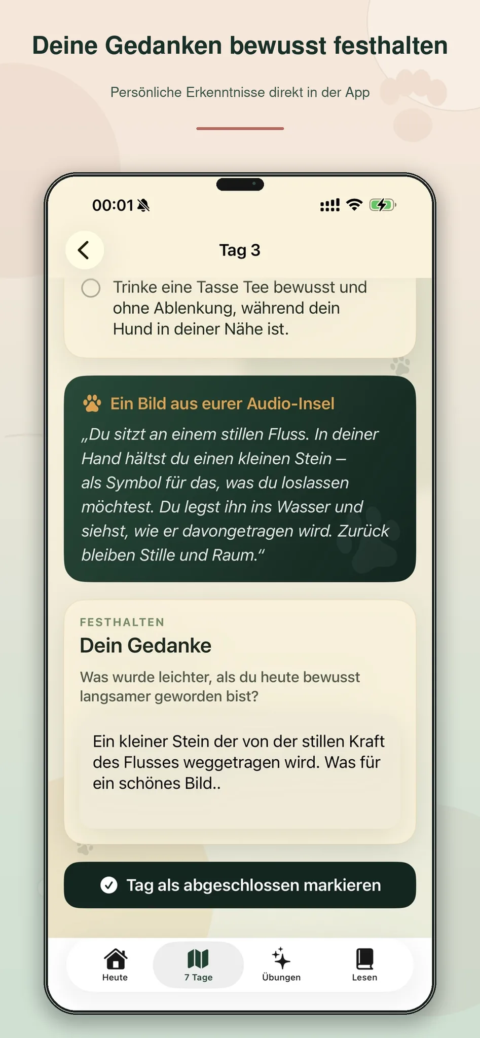 App-Screenshot mit Gedankenaufzeichnung und Audio-Bild-Reflexion zum Tagesthema