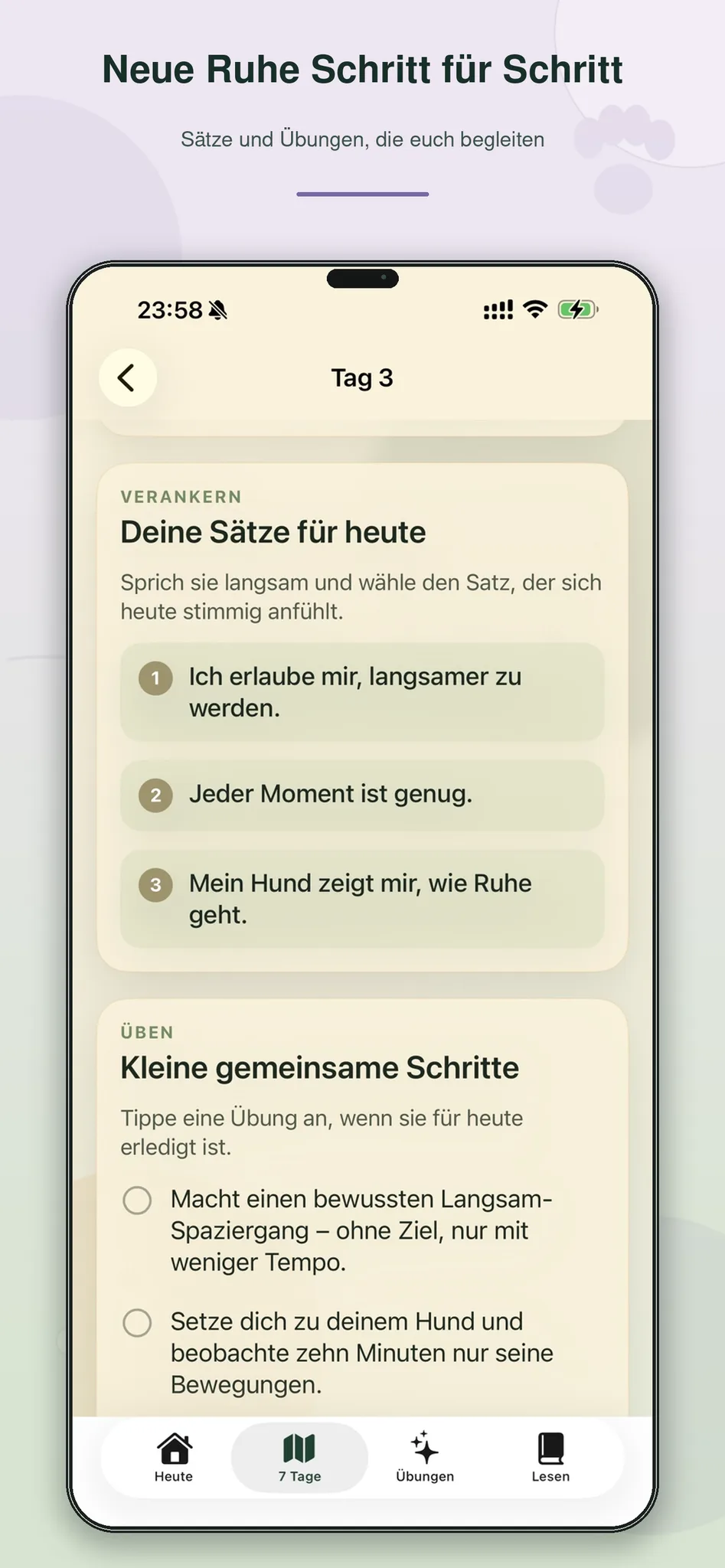 App-Screenshot Tagesübersicht mit Sätzen, Übungen und Verständnis-Impulsen für Tag 3