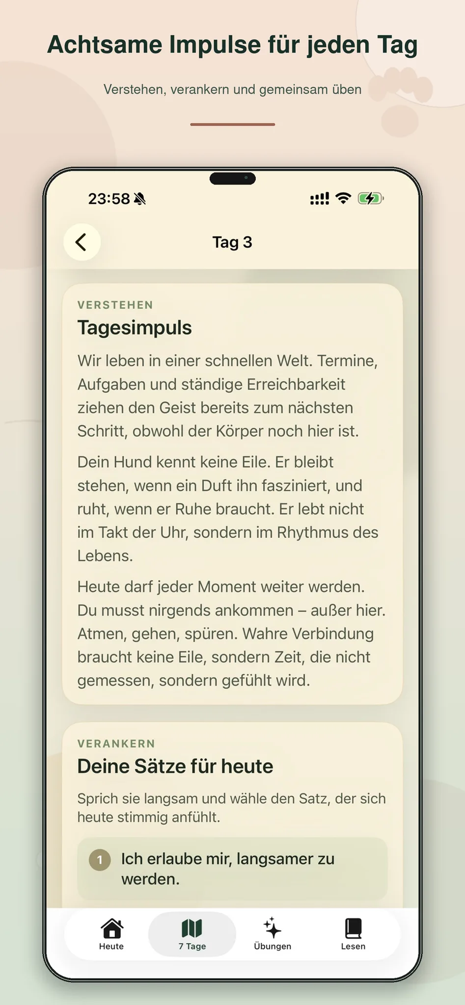 App-Screenshot Tagesimpuls mit umfassender Erklärung zum Verständnis der Tageslektion