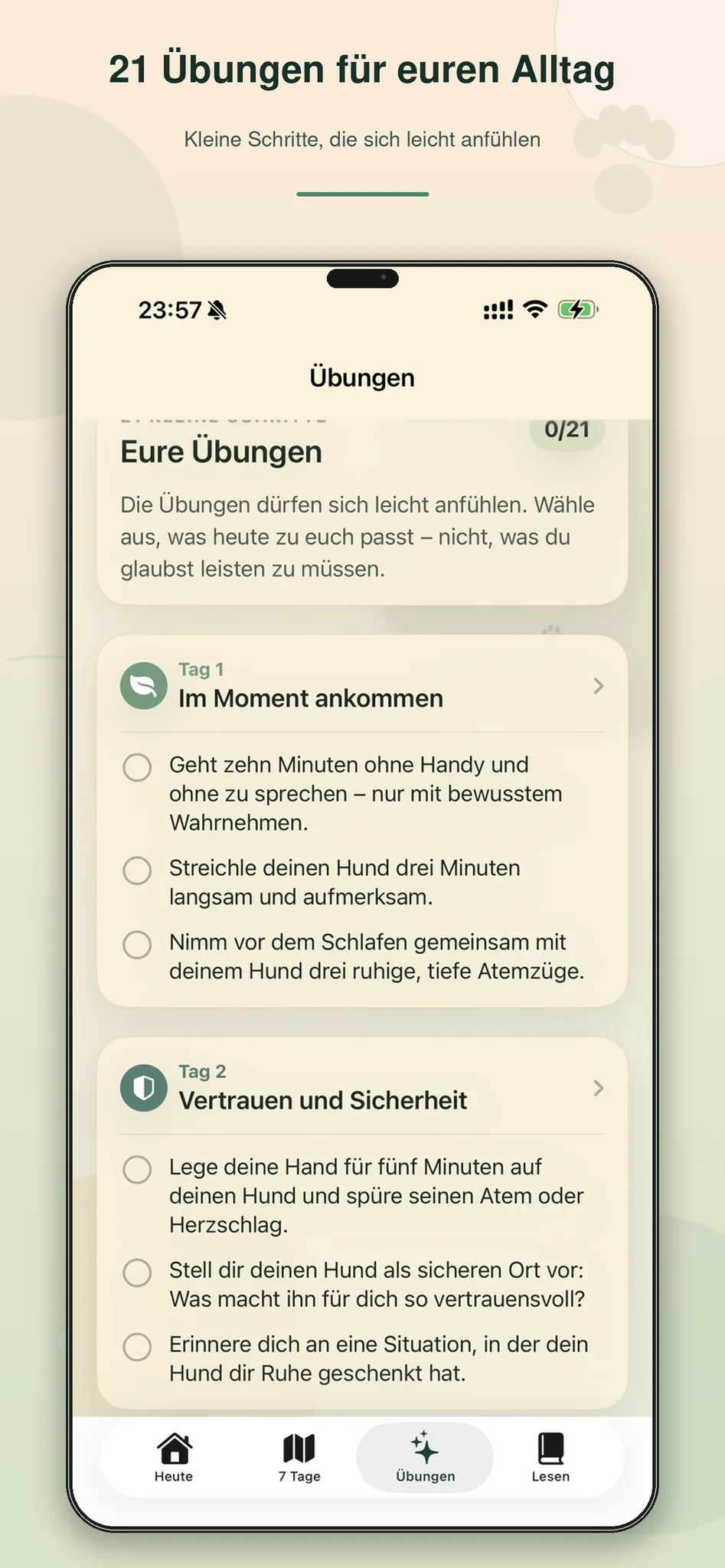 App-Screenshot Übungen-Sektion mit 21 täglichen Übungen und Tages-Filter