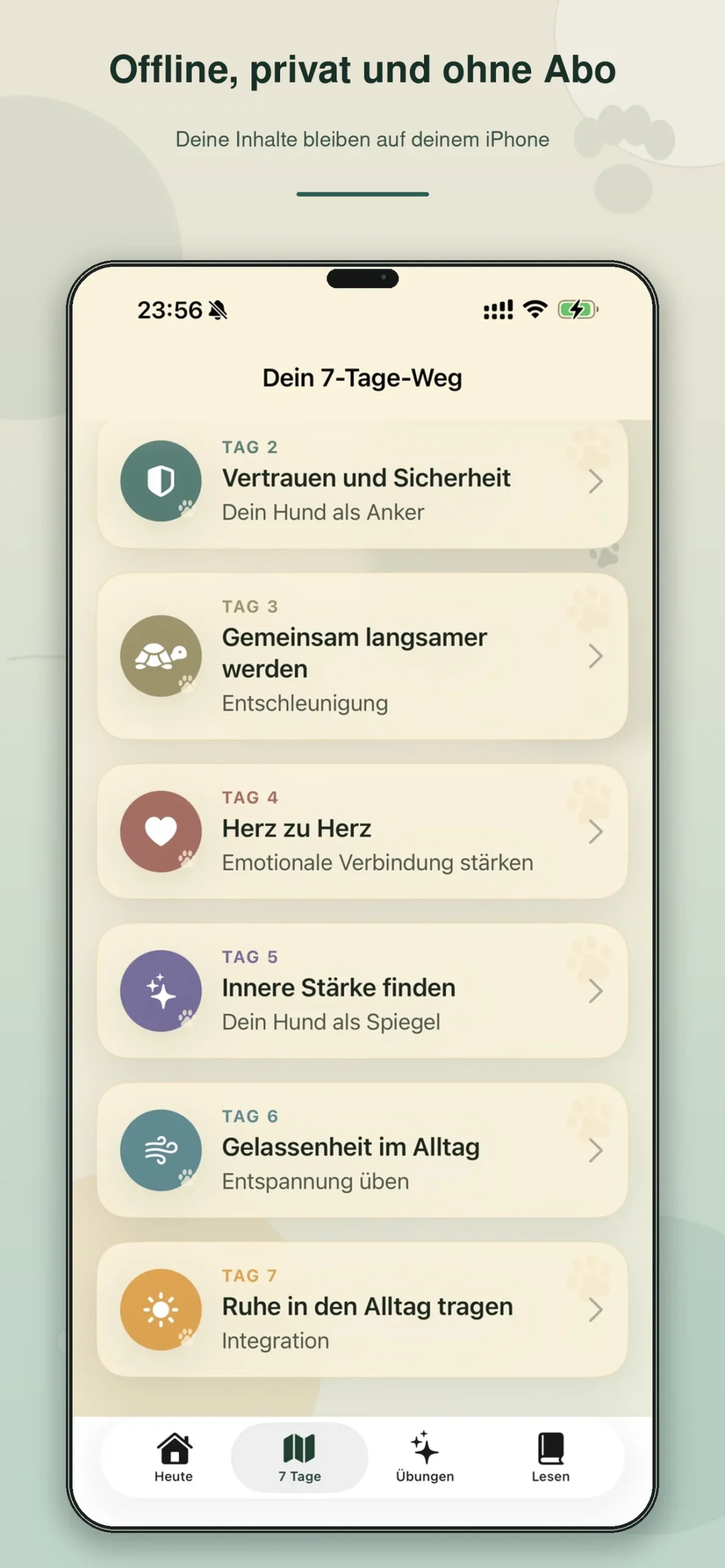 App-Screenshot zeigt 7-Tage-Weg mit sieben Lernmodulen für innere Ruhe mit dem Hund