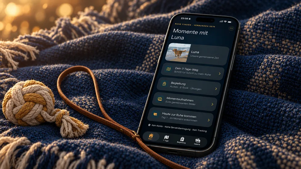 Smartphone auf Strickdecke mit Seil-Spielzeug, Sonnenuntergang-Beleuchtung, App zeigt Momente mit Luna