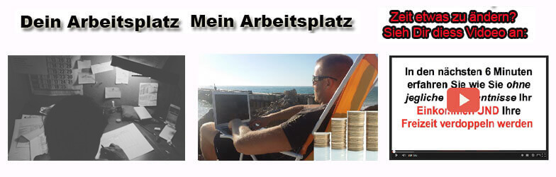 Wide Banner mit zwei Arbeitsplatz-Fotos und Video-Call-Out, Text 'Dein Arbeitsplatz, Mein Arbeitsplatz, Zeit etwas zu ändern'