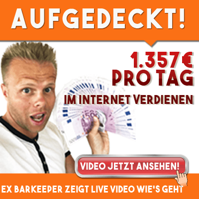 Quadratischer Orange Banner mit Mann und Geldscheinen, Text 'Aufgedeckt! 1.357€ pro Tag im Internet verdienen'