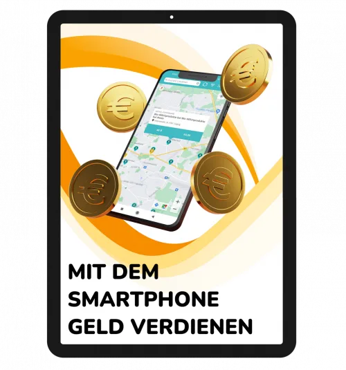 Tablet-Mockup mit Geldmünzen und Smartphone, Text 'Mit dem Smartphone Geld verdienen'