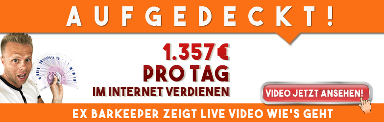 Orange Banner mit Mann und Geldscheinen, Text 'Aufgedeckt! 1.357€ pro Tag im Internet verdienen'