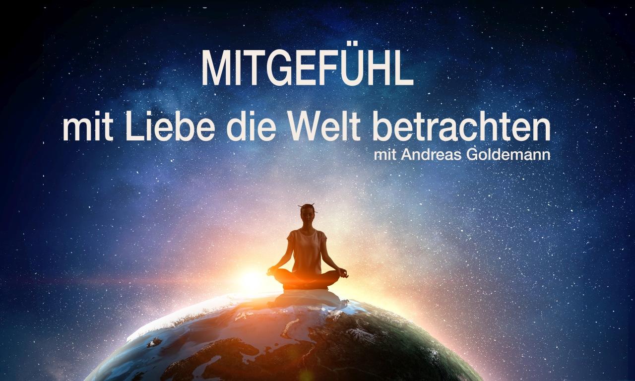 Hero-Banner zum Kurs Mitgefühl mit meditierender Person auf Globus vor Sternenhimmel
