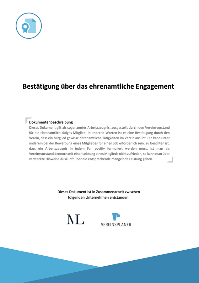 Bestätigung über ehrenamtliche Tätigkeit und Engagement im Verein