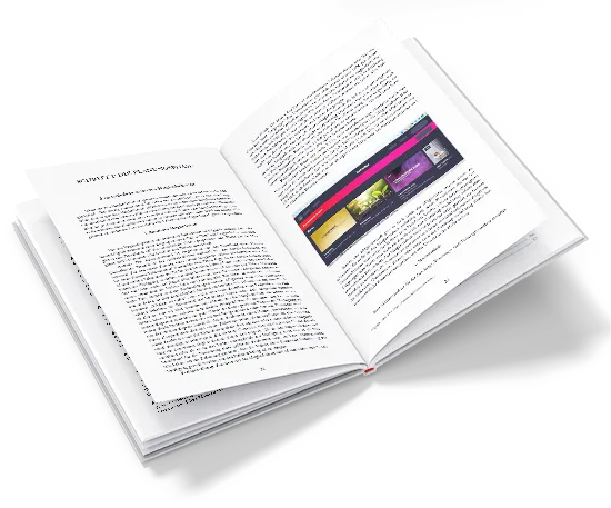 Aufgeschlagenes Hardcover-Buch mit Text und farbiger Grafik auf rechter Seite