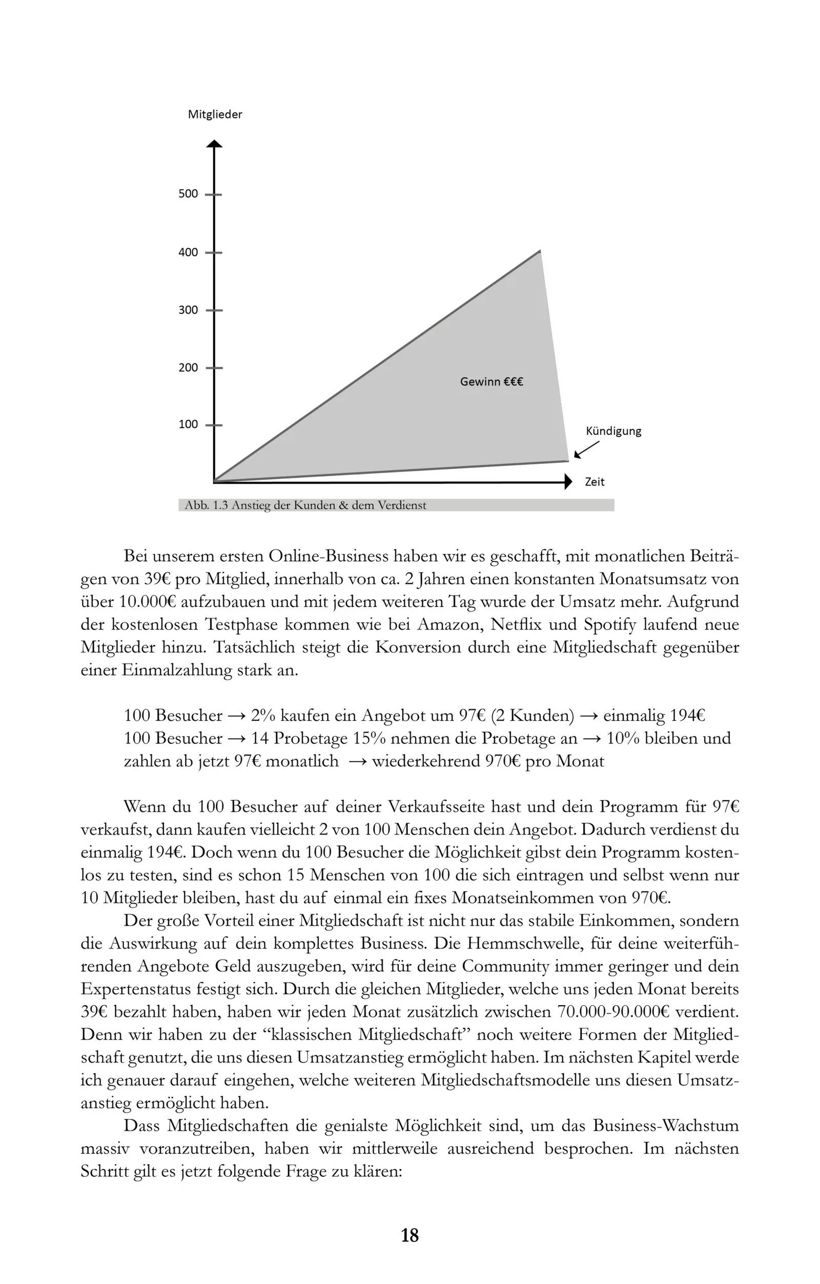 Seite 18 aus Buch über Mitgliedschaftsformeln mit Grafik zum Anstieg von Kunden und Verdienst
