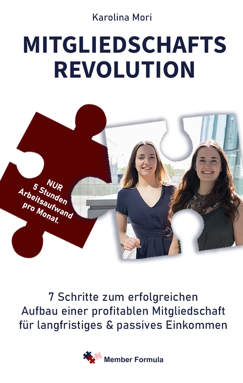 Hochformat Buchcover Mitgliedschafts-Revolution mit zwei jungen Frauen, rotes Puzzle-Element, Karolina Mori