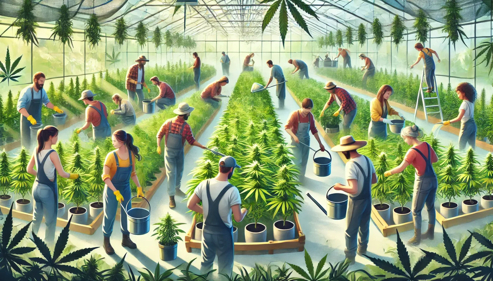 Gewächshaus mit Cannabis-Pflanzen und vielen Mitarbeitern bei der Ernte und Pflege