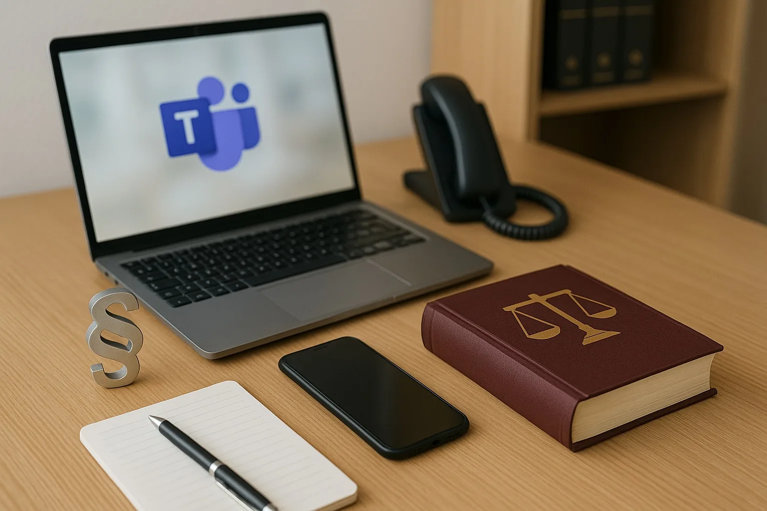 Schreibtisch mit Laptop, Smartphone, Notizbuch, Stift, Gesetzesbuch und Paragrafen-Symbol